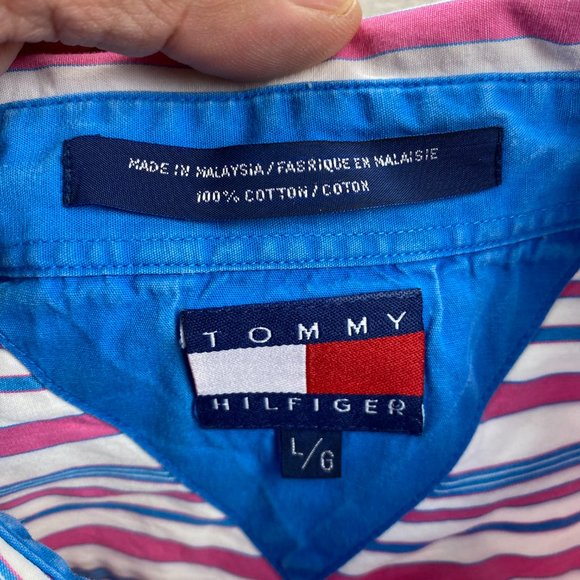 Vintage 90s Tommy Hilfiger Shirt Adult Large L Pink White Stripe Button Up Men - Picture 3 of 12